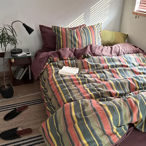 Miniatura 8 de mixinni Juego de funda de edredón vintage a rayas, tamaño twin, juego de ropa de cama de 3 piezas, 100% algodón lavado, suave y transpirable, funda