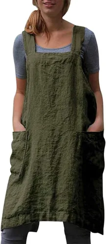 Delantal Pinafore con espalda cruzada con bolsillos, delantal de lino y algodón, talla grande Verde