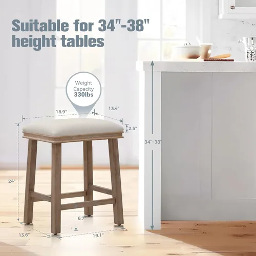 Miniatura 2 de Taburete de bar gris de madera maciza para encimera de cocina, taburete de bar con asiento de cuero sintético, taburete tapizado para isla de 34 a