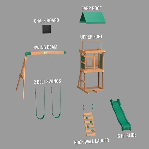 Miniatura 8 de Set de juego de columpio Backyard Discovery Buckley Hill de madera de cedro con tobogán de ola, plataforma de juego, pared de roca con escalera