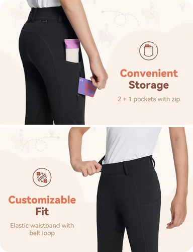 Miniatura 72 de baleaf Pantalones de equitación para niñas, pantalones ecuestres para niños, con parche en la rodilla, bolsillo con cremallera