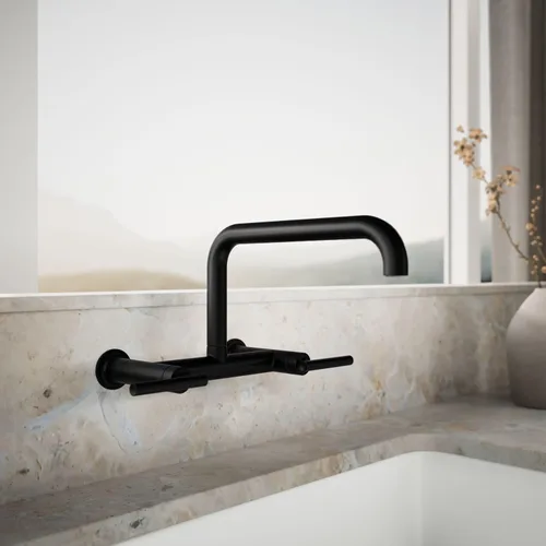 Miniatura 2 de KOHLER Purist Grifo de fregadero de cocina de dos agujeros para montaje en pared con boquilla de 13-7/8 pulgadas, negro mate