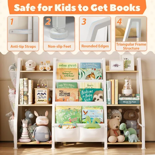 Miniatura 5 de Estantería infantil y organizador de juguetes: estante de libros de 3 niveles para habitación de niños, estante para libros Montessori para niños