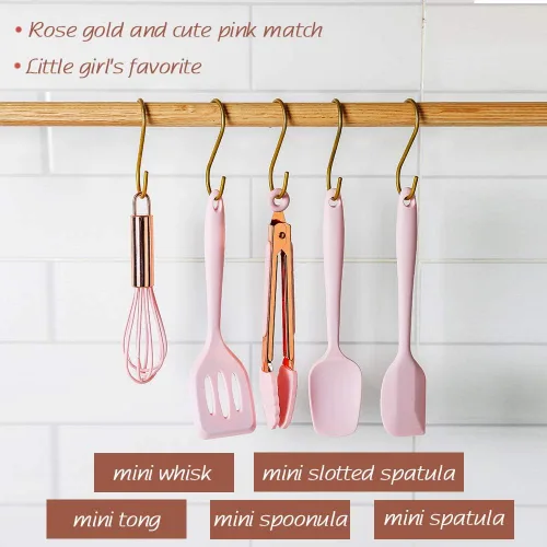 Miniatura 4 de Collfa Juego de cinco piezas de utensilios de cocina pequeños en color oro rosa y rosa, herramientas de cocina de silicona mini para niños, incluye