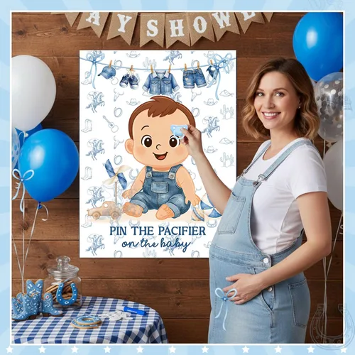 Miniatura 7 de Faccito Pin The Chupete - Juego de baby shower, decoración de fiesta de baby shower, incluye póster grande, 24 calcomanías para chupete, juego