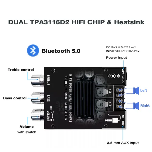 Miniatura 2 de Hosyond ZK-1002T 2x100W Bluetooth 5.0 Amplificador, TPA3116D2 Módulo de amplificador de audio estéreo de 2 canales con control de graves y agudos