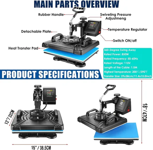 Miniatura 9 de AKEYDIY Máquina de prensa de calor profesional 5 en 1 para camisetas, combo de prensa de calor digital, 12 x 15 pulgadas, máquina de prensa