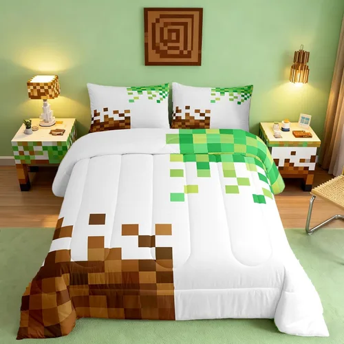 Miniatura 11 de Pixelated Miners - Juego de edredón para niños, tamaño individual, juego de ropa de cama de videojuegos a cuadros geométricos para adolescentes