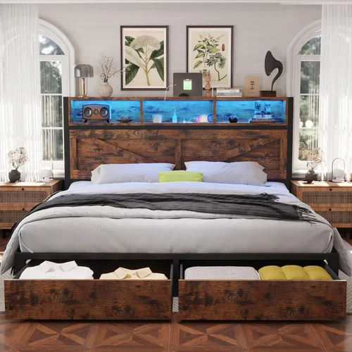 Miniatura 9 de Marco de cama matrimonial de estilo granja con cabecera de estantería y cajones de almacenamiento, luces LED y estación de carga, no necesita Marrón