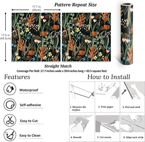 Miniatura 8 de VEELIKE Papel tapiz floral negro para despegar y pegar, papel de contacto floral seco silvestre para armarios, cajones, paredes, 17.7 x 354