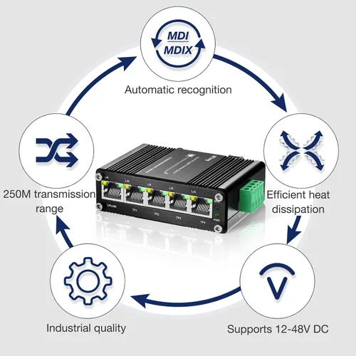 Miniatura 5 de Mini interruptor Gigabit de 5 puertos industrial, interruptor Ethernet de riel DIN RJ45 10/100/1000Mbps,12 ~ 48 V CC para torre de cámara lP, antena