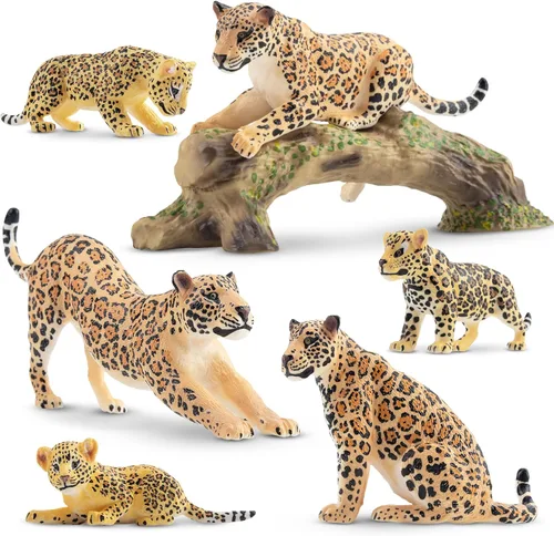Miniatura 10 de Toymany 7 Piezas Figuras de Panteras Negras con Cachorro de Pantera y Tronco de Árbol, Figuras Realistas de Animales de la Selva Juego Familiar