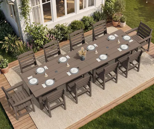 Miniatura 42 de SERWALL Juego de Mesa de Comedor de HDPE para Exteriores, Juego de 7 Piezas de Mesa de Comedor al Aire Libre con Mesa con Corte para Agujero de Gris