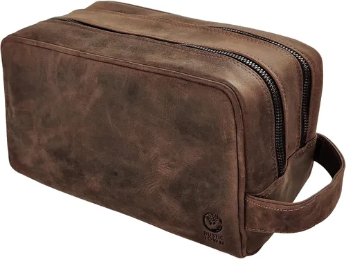 Estuche hecho a mano de piel de búfalo auténtico. Neceser para juego de rasurar y cuidado personal para viaje ~ Regalo para hombres y mujeres., Café