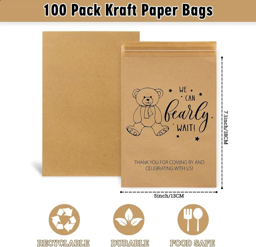 Miniatura 2 de AnyDesign Paquete de 100 bolsas autoadhesivas de papel kraft para baby shower, con texto en inglés "We Can Bearly Wait", bolsas de papel kraft