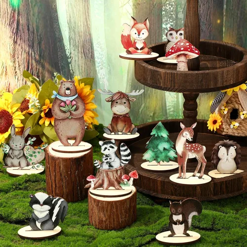 Miniatura 2 de Geetery 12 piezas de animales del bosque, formas de animales de madera recortadas, decoración pintada del bosque para baby shower, criaturas