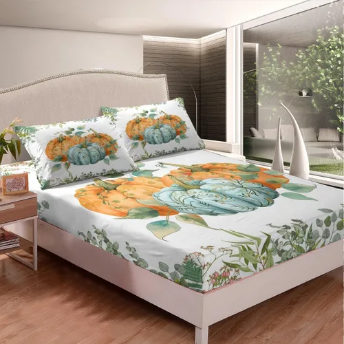 Miniatura 2 de Manfei Sábana bajera ajustable de calabaza otoñal, tamaño individual, juego de ropa de cama floral de hojas verdes, 2 piezas para decoración