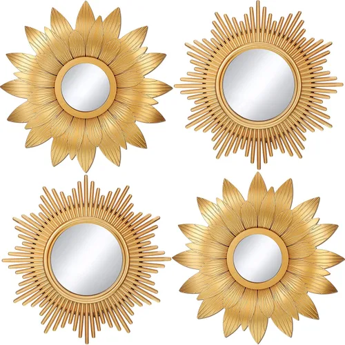 Jetec Juego de 4 espejos de pared grandes con forma de explosión de sol, color dorado, vintage, para colgar en la pared, espejos decorativos