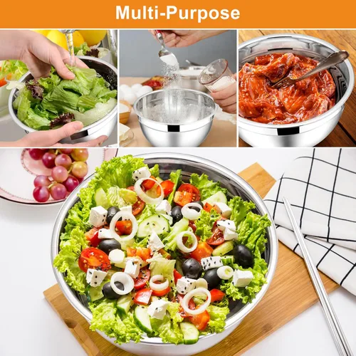Miniatura 4 de E-far Tazones para mezclar con tapas, juego de 6 piezas de tazones para ensalada de acero inoxidable, tazones de metal anidables para hornear