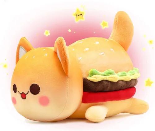 Peluche de gato con hamburguesa con queso, minifiguras blandas con temática de alimentos, almohada de felpa realista bordada, colección de animales