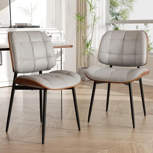 Miniatura 20 de Silla de comedor, moderna de mediados de siglo con cojín grueso, sillas de cocina tapizadas de piel sintética con respaldo de madera curvada de Beige