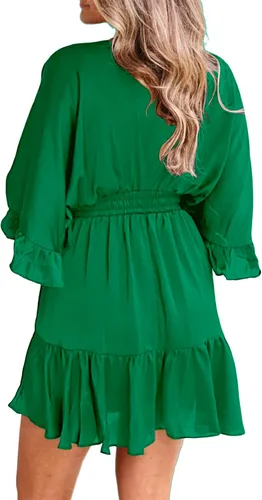 Miniatura 3 de Aoysky Vestidos casuales con cuello en V para mujer, de verano, holgado, cintura alta, volantes, plisado, lindo vestido corto
