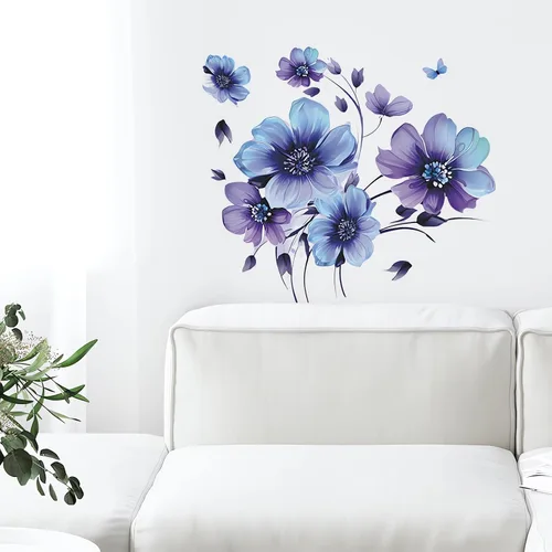 Miniatura 4 de Adhesivos de pared de flores de margaritas de tinta azul-morado, diseño floral de mariposa de sacinora calcomanías de pared removibles de vinilo