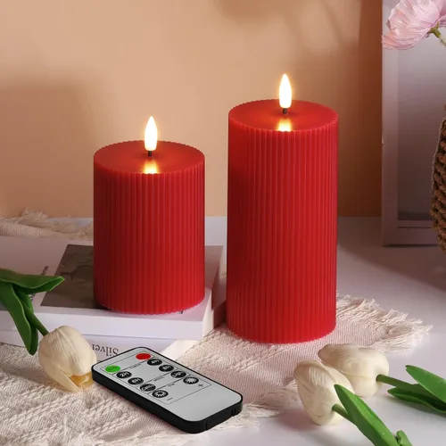 Miniatura 11 de Velas de pilar sin llama acanaladas blancas con control remoto, juego de 4 velas LED parpadeantes con parte superior plana, 3 pulgadas de alto, 4