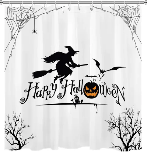 Miniatura 49 de HVEST Cortina de ducha con ganchos, calabaza espeluznante y fantasma con sombrero de bruja negro, juego de cortina de ducha naranja con flores