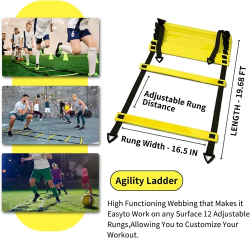 Miniatura 2 de IHEPYQ Juego de equipos de entrenamiento de agilidad de fútbol, escalera de agilidad de 12 peldaños de 20 pies, 12 conos de disco, 4 estacas