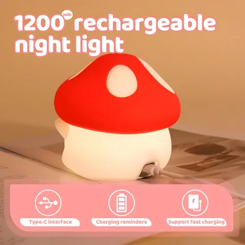 Miniatura 3 de Luz nocturna de hongos, lámpara de silicona blanda para niños, control de grifo, 2 niveles de brillo, batería de 50 horas, temporizador automático