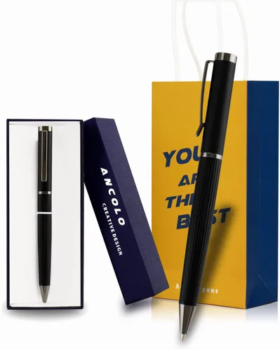 Ancolo Juego de bolígrafos personalizados de regalo de oficina con 2 recambios negros y bonita caja de bolígrafos grabada con tus nombres de
