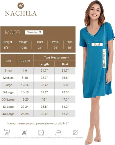 Miniatura 2 de NACHILA Camisones de viscosa para mujer, hechos de bambú, suaves camisas de dormir de manga corta, ropa de dormir suelta