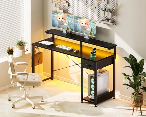 Miniatura 7 de AODK Escritorio para juegos con luces LED, escritorio para computadora de 55 pulgadas con cajones, escritorio pequeño reversible con soporte