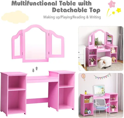 Miniatura 3 de MAT EXPERT Juego de mesa de tocador para niños con espejo de tres pliegues, tocador de juego de simulación con 4 estantes de almacenamiento, tocador