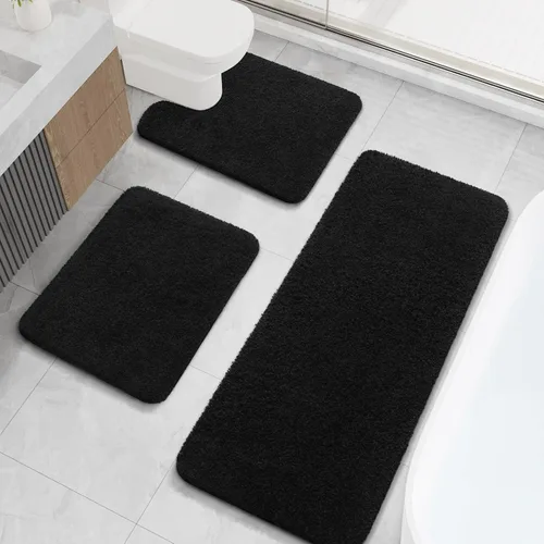 Miniatura 10 de LOCHAS Juego de alfombras de baño de 3 piezas, juego de alfombras de baño largas de microfibra antideslizantes, lavables, juego de alfombras de Gris