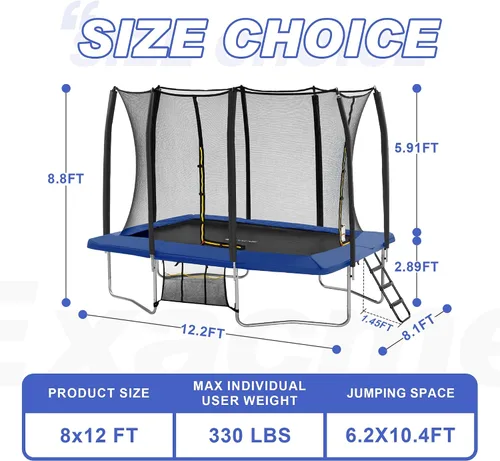 Miniatura 5 de Exacme Trampolín rectangular de 7 x 10, 8 x 12, 9 x 14 pies, para niños, dobles aberturas de cerramiento, trampolín rectangular pequeño para Azul