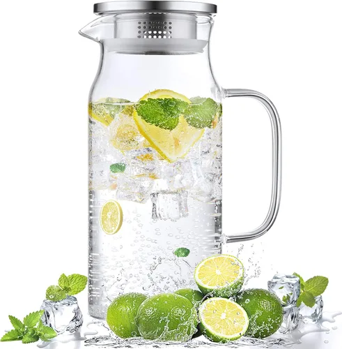 Bivvclaz Jarra de vidrio pequeña de 1.2 litros y 40 onzas con tapa y asa, jarra de vidrio para agua caliente/fría, jarra de té helado para café,