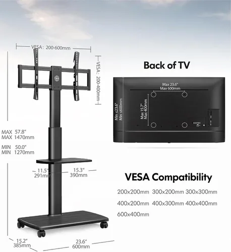 Miniatura 6 de FITUEYES Soporte de TV rodante, carrito de TV móvil con ruedas para pantalla plana de 32-65 y 70 pulgadas, soporte de TV de piso alto con soporte