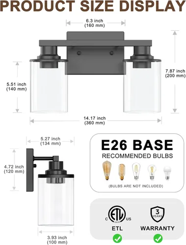 Miniatura 5 de L LOHAS LED Lámparas de baño negras de 2 luces, accesorios de iluminación modernos sobre espejo con pantalla de vidrio transparente, luces