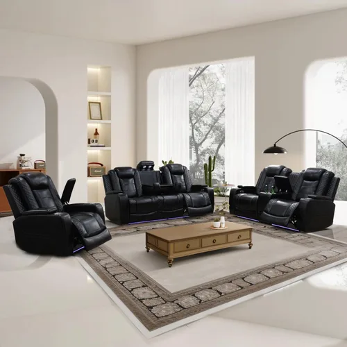 Miniatura 17 de Sofá reclinable eléctrico, sillón reclinable de cuero con LED/almacenamiento, sillón reclinable de cine en casa de 3 plazas, sofá de cuero negro