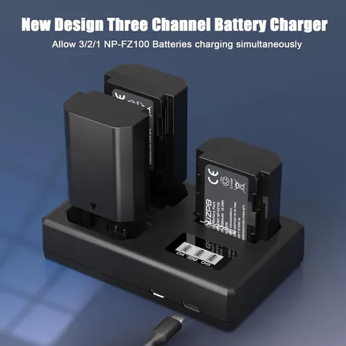 Miniatura 3 de JYJZPB Paquete de 3 baterías NP-FZ100 y cargador de batería triple Capacidad de 2280 mAh cada paquete, para cámaras Sony A7III A7IV A7R III A9