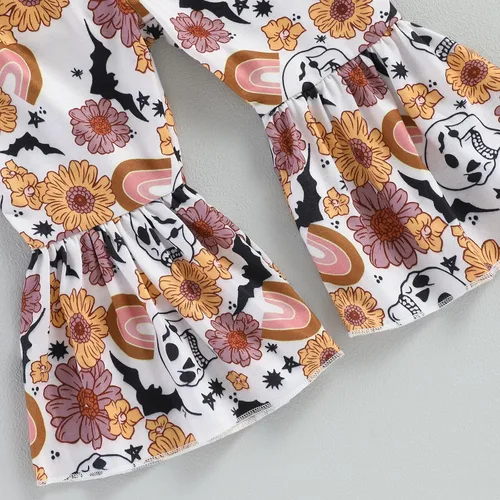 Miniatura 5 de Hnyenmcko Conjunto de ropa de Halloween para bebé niña, camiseta de manga larga con letras y pantalones de campana de calabaza con diadema, 3