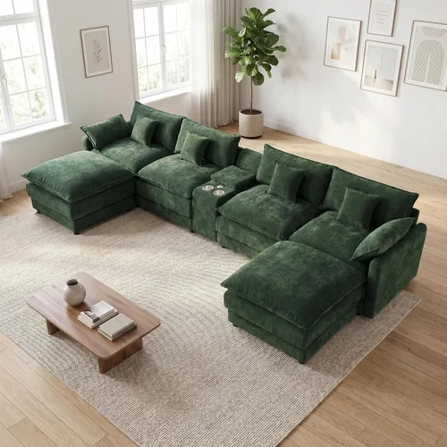 Sofá seccional modular extragrande de 145 pulgadas, sofá de nube en forma de U, moderno juego de sofá de 6 asientos para sala de estar, cómodo Verde