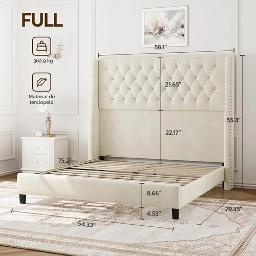 Miniatura 2 de Base de cama matrimonial con cabecero de 55 pulgadas de alto, marcos de cama tapizados, tela suave, cabecera capitonada con botones y parte trasera