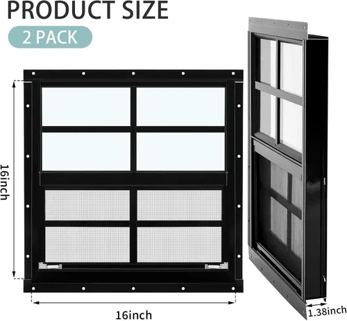 Miniatura 2 de Tandefio Paquete de 2 Ventanas de Cobertizo Empotradas de 16 x 16 pulgadas de color negro con vidrio templado y malla para el hogar, ventanas