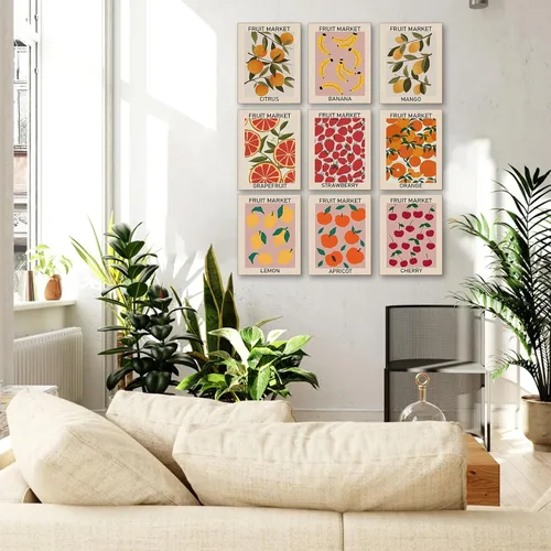 Miniatura 2 de Juego de 9 impresiones de arte de pared de mercado de frutas, pósteres coloridos abstractos, impresiones de mercado de frutas limón naranja plátano