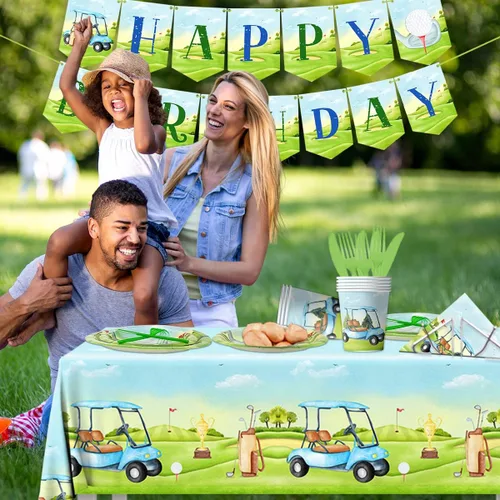 Miniatura 3 de Decoraciones de cumpleaños de golf, suministros de fiesta deportiva de golf, incluye servilletas desechables y platos llanos de golf, decoraciones