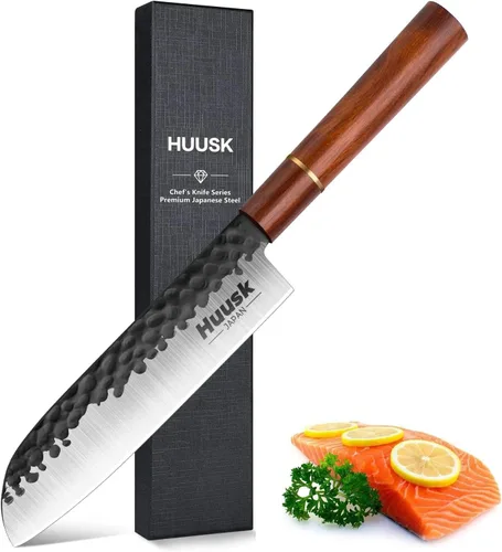 Huusk Cuchillo japonés, cuchillo de cocina Santoku de 7 pulgadas, cuchillos de chef japoneses profesionales forjados a mano, cuchillos afilados de