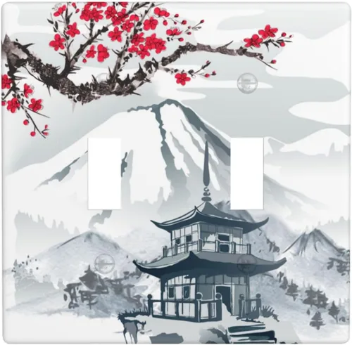 Miniatura 2 de Placa de pared para interruptor de luz de palanca, torre de montaña con diseño de cerezo japonés, cubierta de doble interruptor, tamaño de 2 bandas